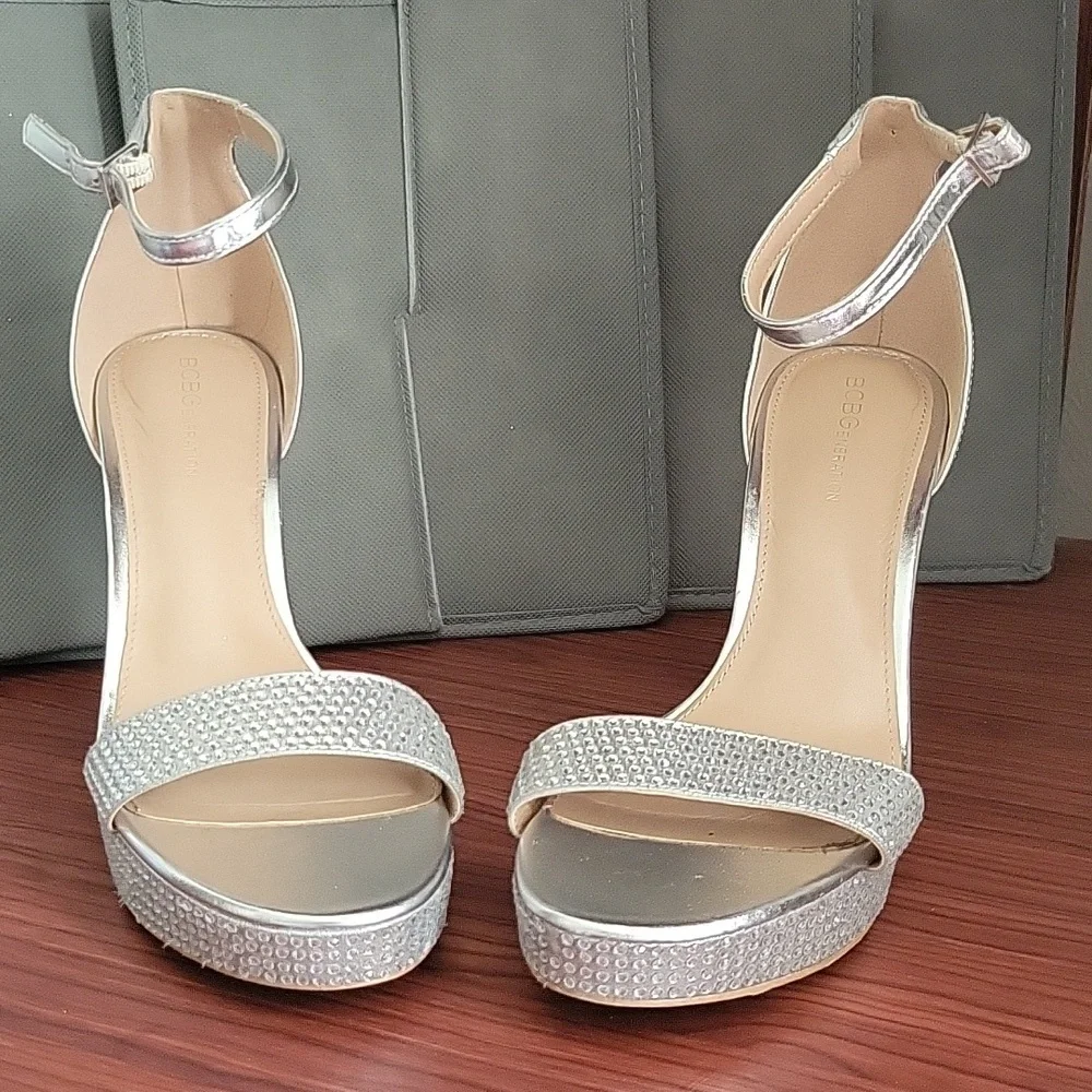 BCBGeneration Silver Bejeweled Ankle Straps Stiletto Heels